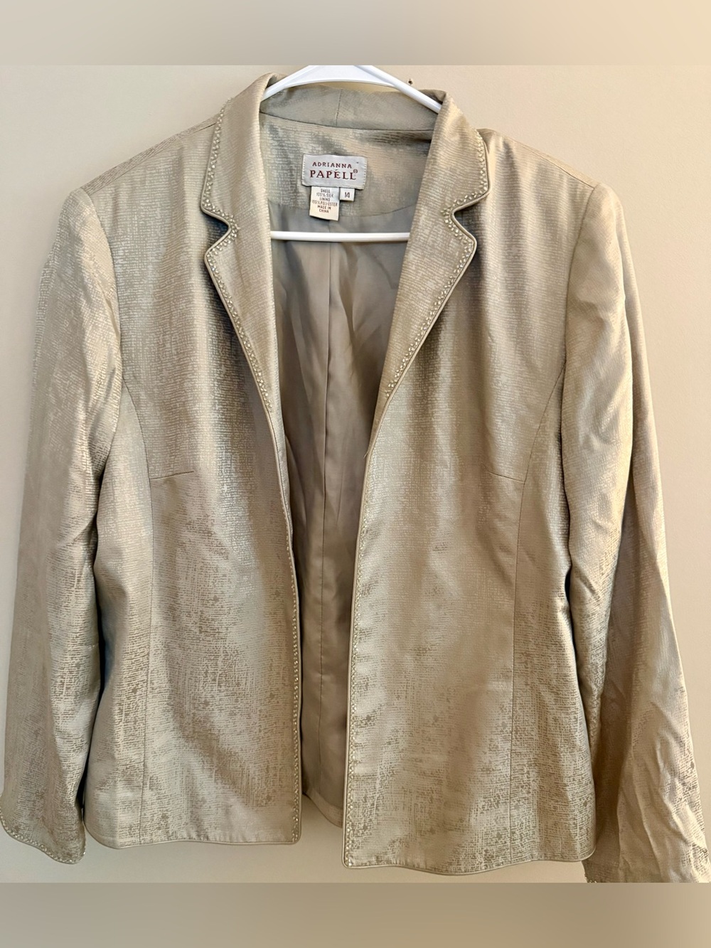 Adrianna Papell Gold Metallic 100% Silk Embellished Open Front Blazer Jacket 14